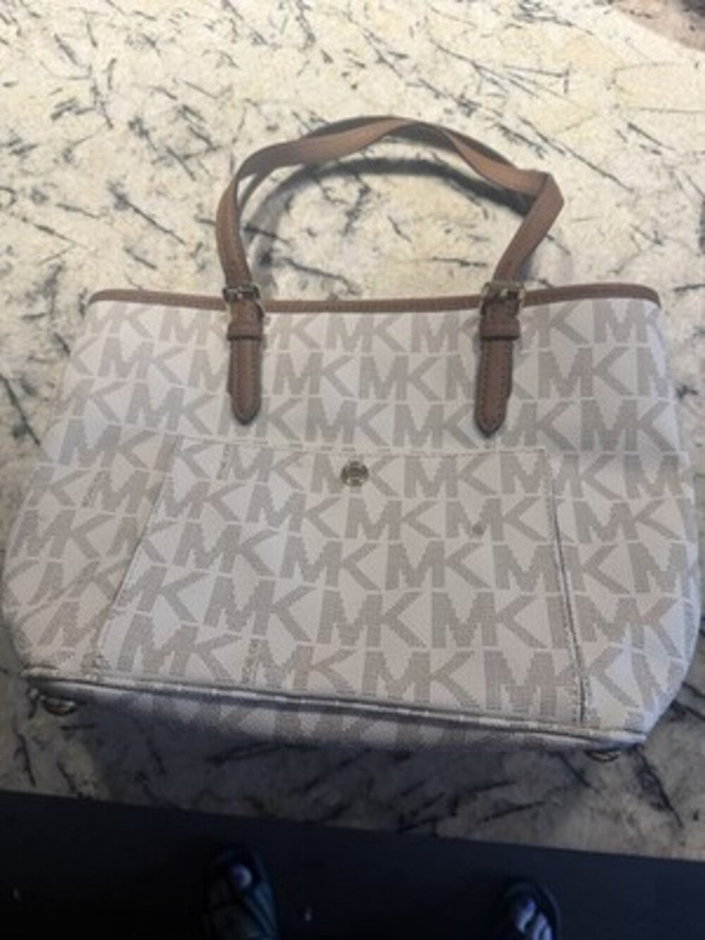 Michael Kors Logo White Brown Tote Bag Gold Hardware Double Leather Handles Zip